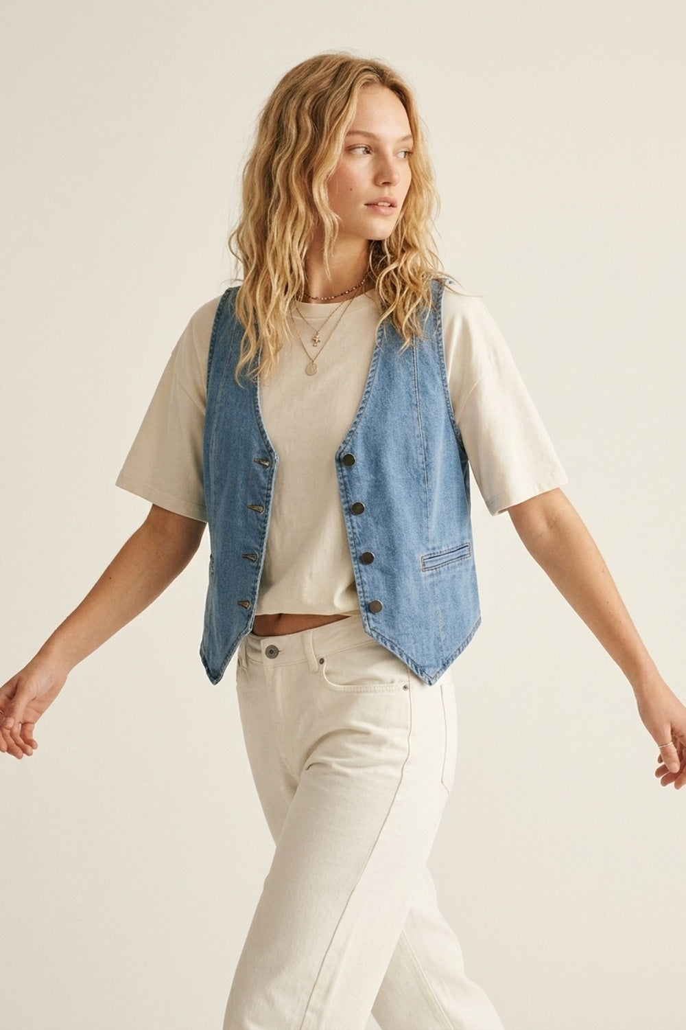 Veste en Denim Bleu Clair avec Fermeture à Boutons