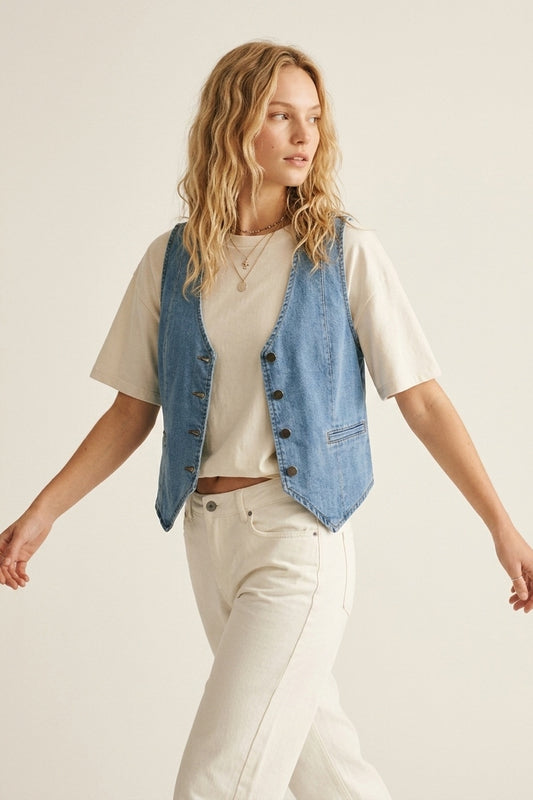 Veste en Denim Bleu Clair avec Fermeture à Boutons