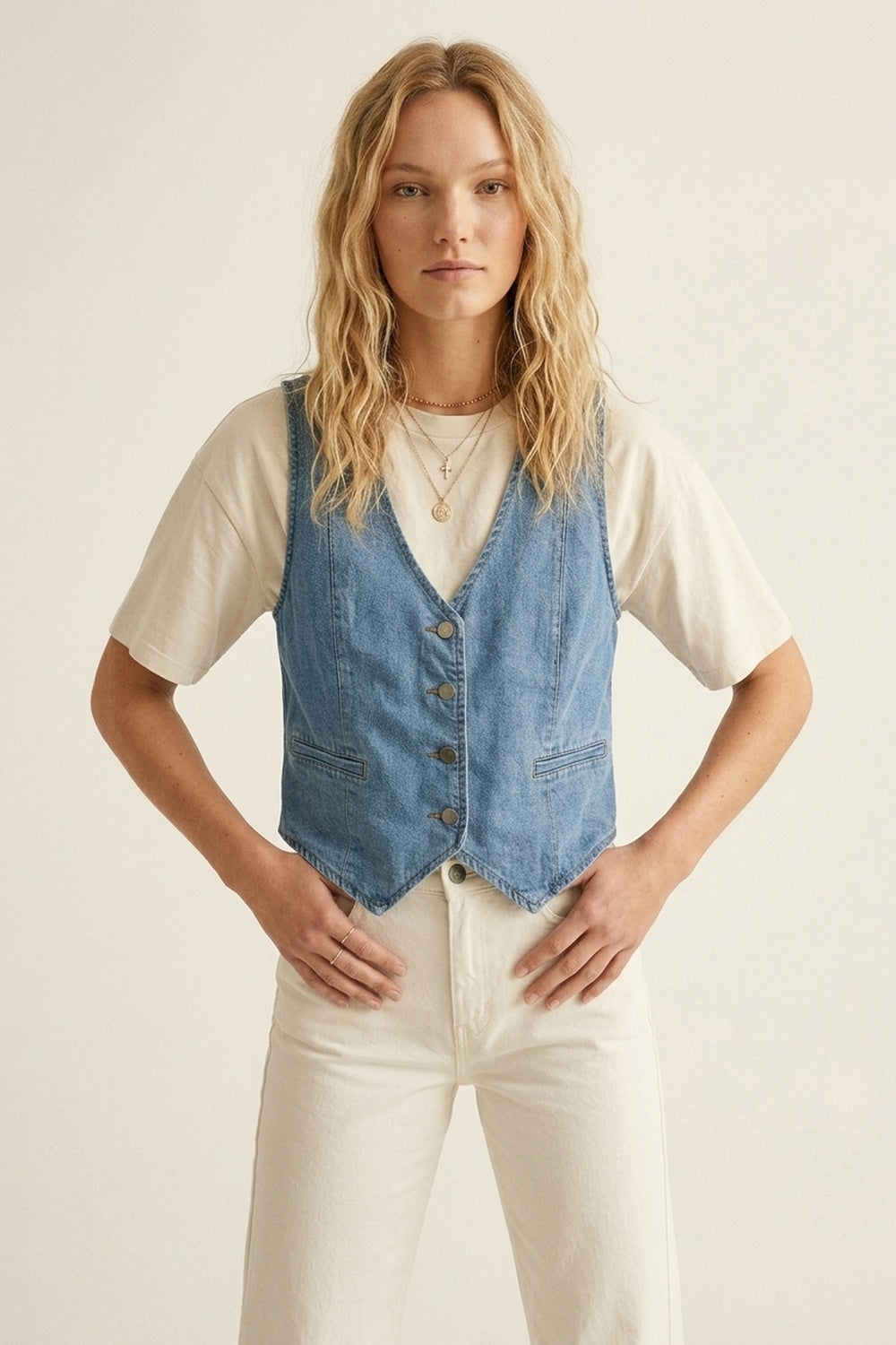 Veste en Denim Bleu Clair avec Fermeture à Boutons