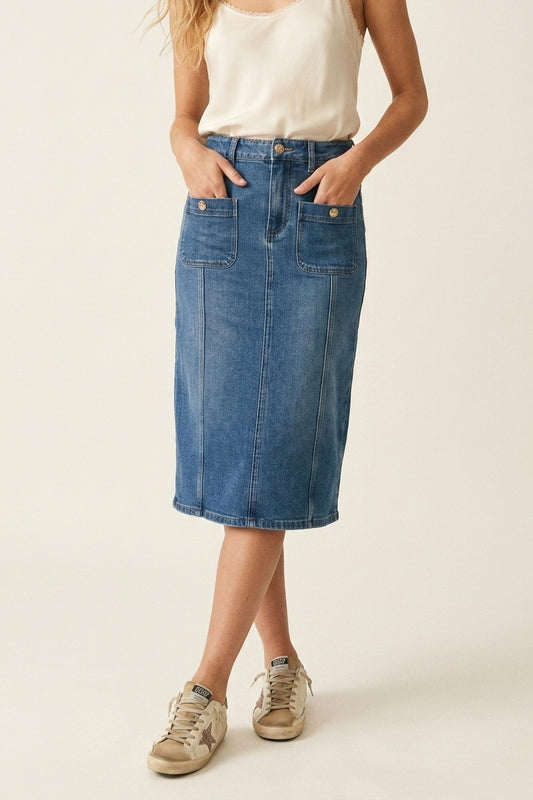 Jupe Midi en Denim Lavage Moyen avec Poches Plaquées à l'Avant