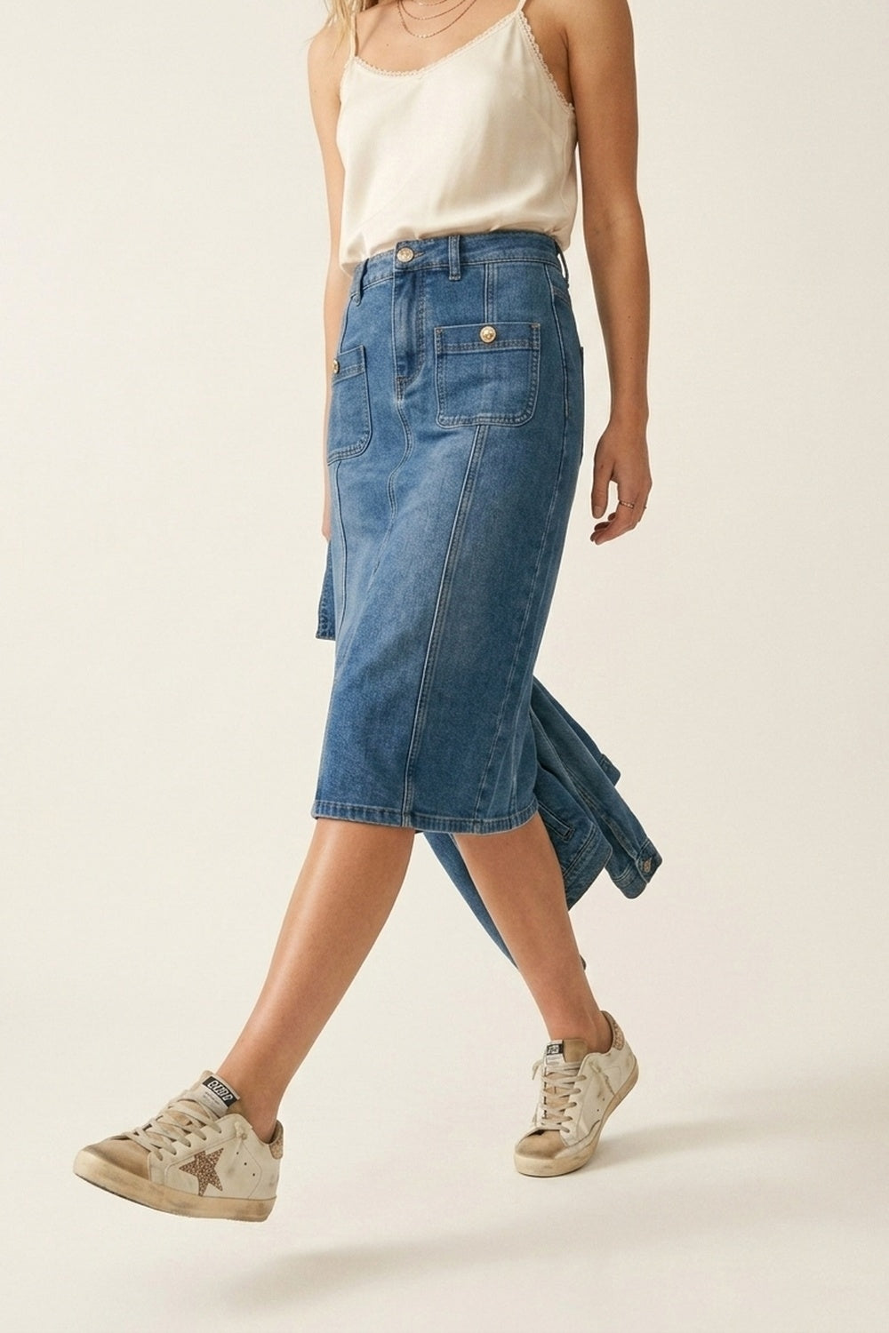 Jupe Midi en Denim Lavage Moyen avec Poches Plaquées à l'Avant