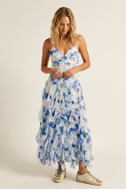 Robe de bal maxi à fleurs blanches et bleues avec volants