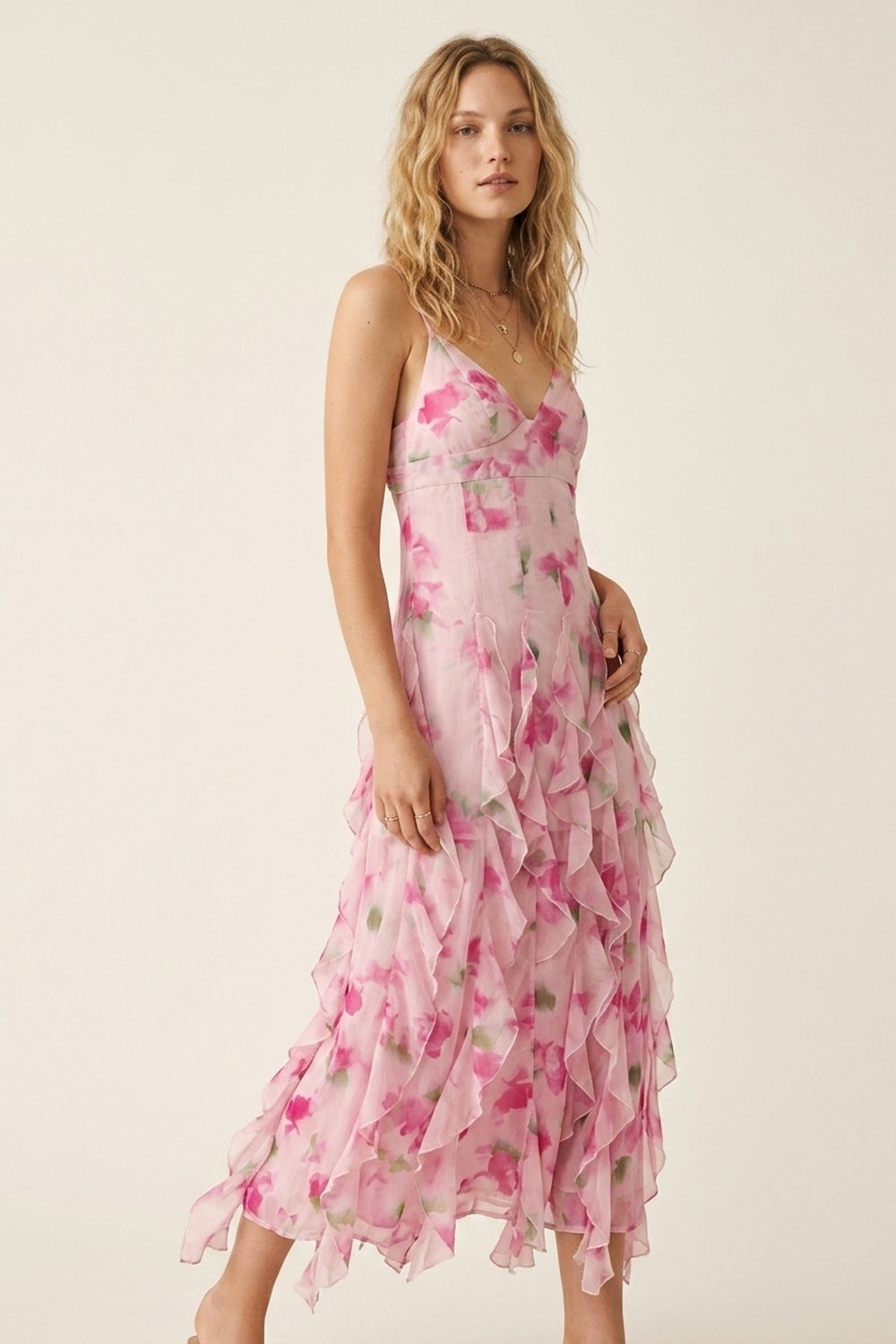 Robe de bal maxi florale blanche et rose avec volants