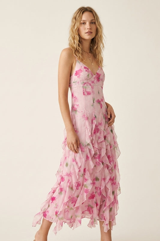 Robe de bal maxi florale blanche et rose avec volants
