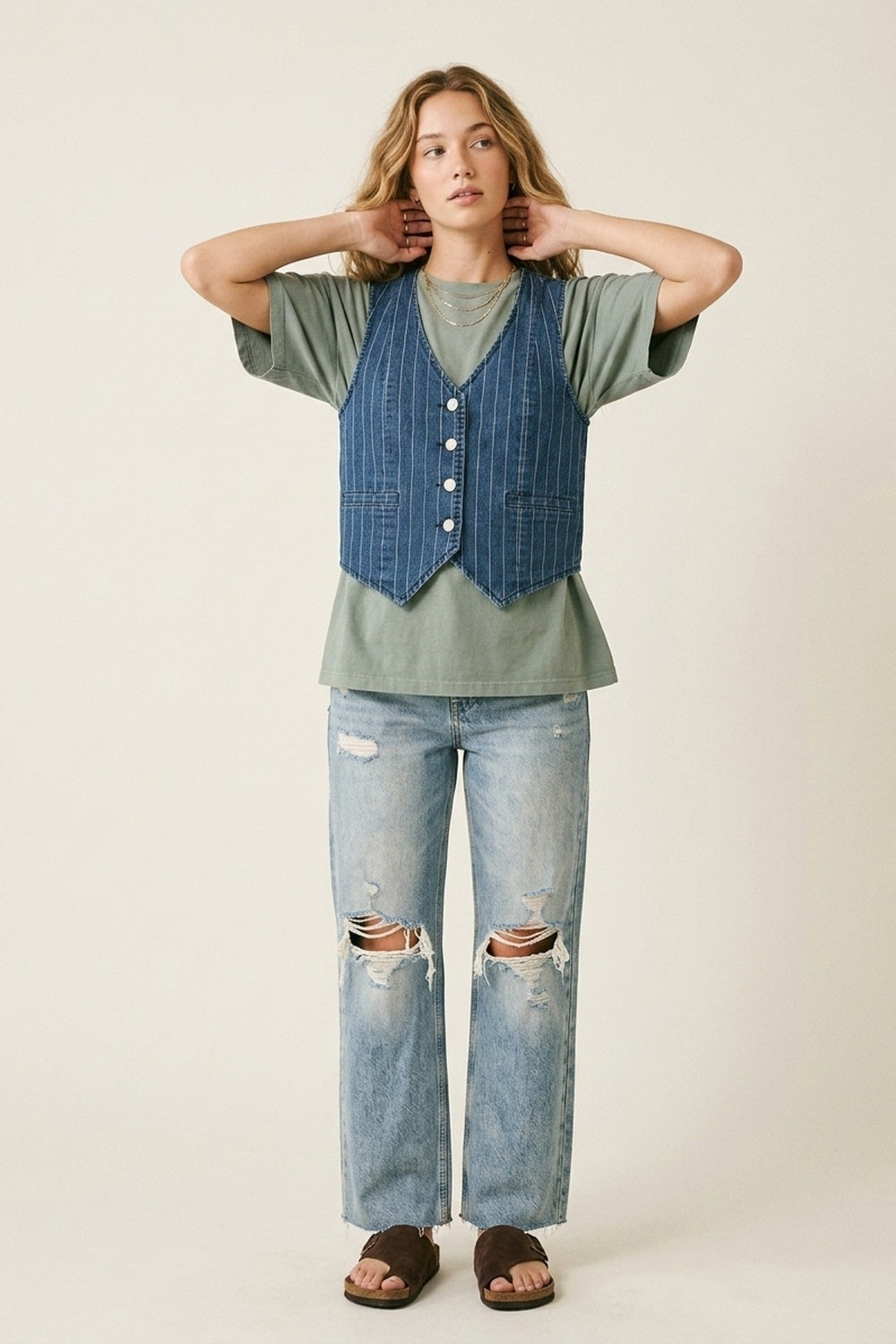 Gilet en Denim Rayé Bleu à Boutons sur le Devant