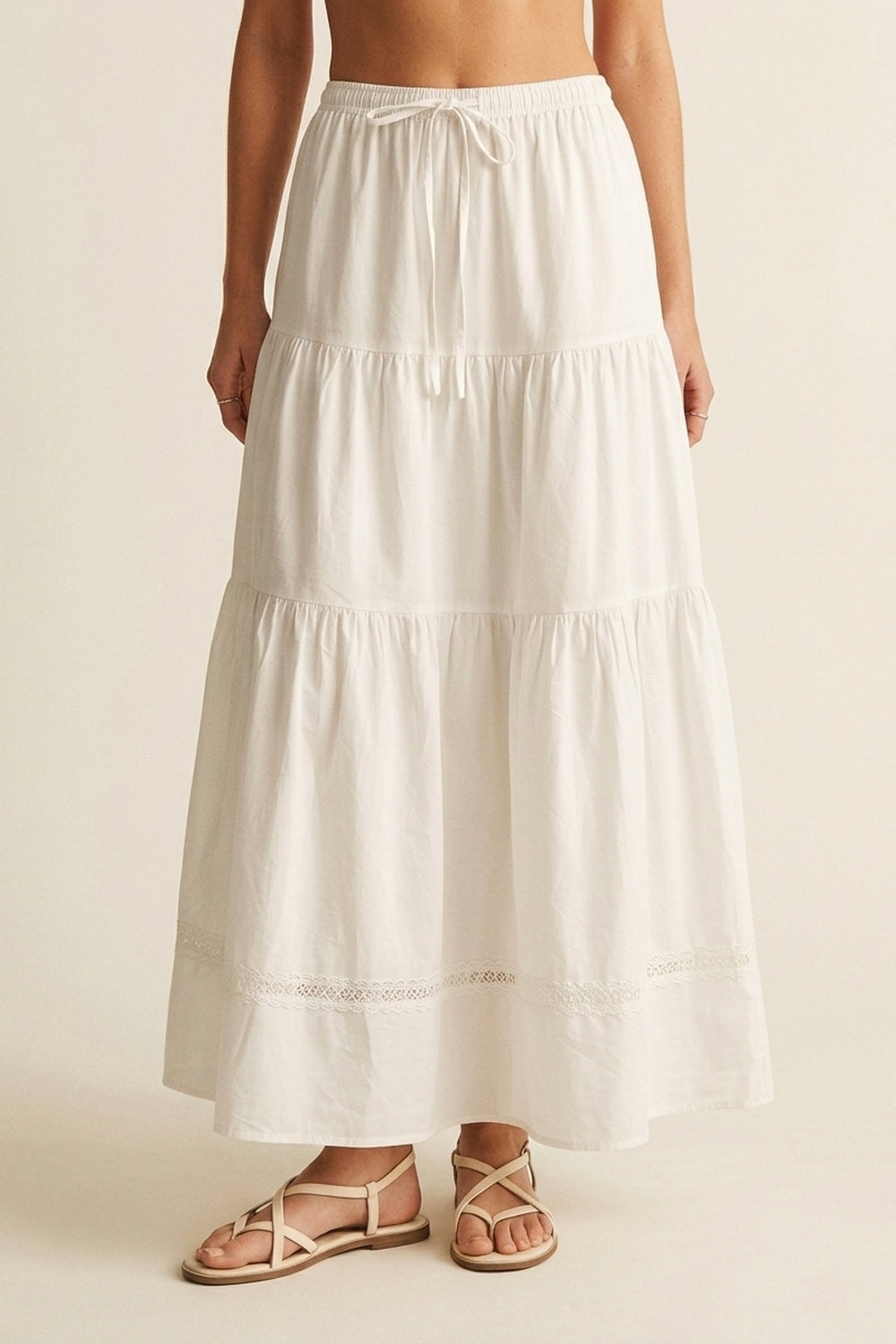 Jupe Maxi en Popeline Blanche avec Détail en Dentelle
