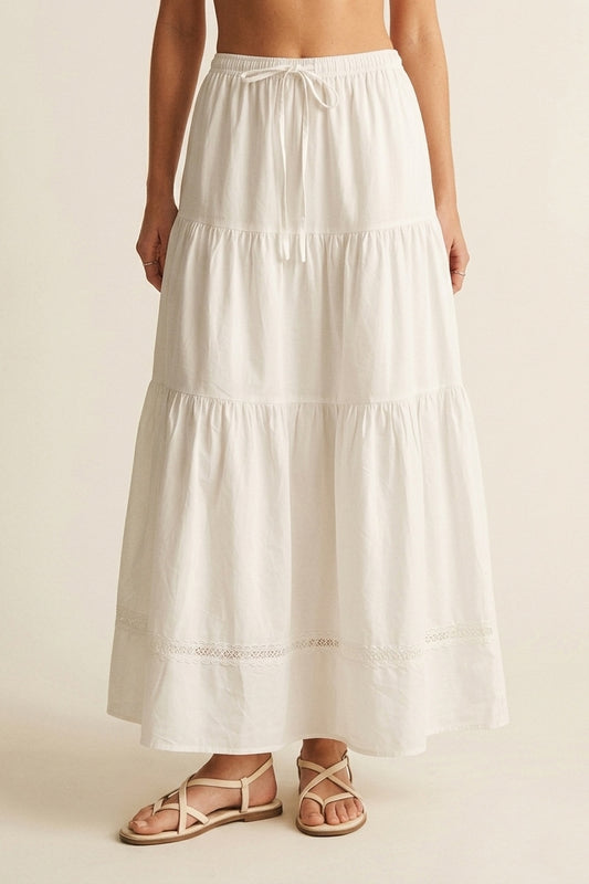 Jupe Maxi en Popeline Blanche avec Détail en Dentelle