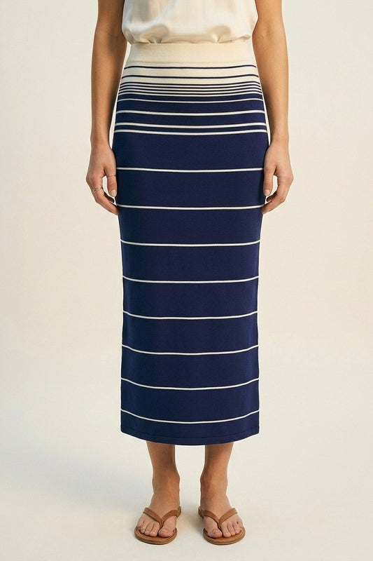 Jupe midi en tricot rayé marine avec ceinture crème