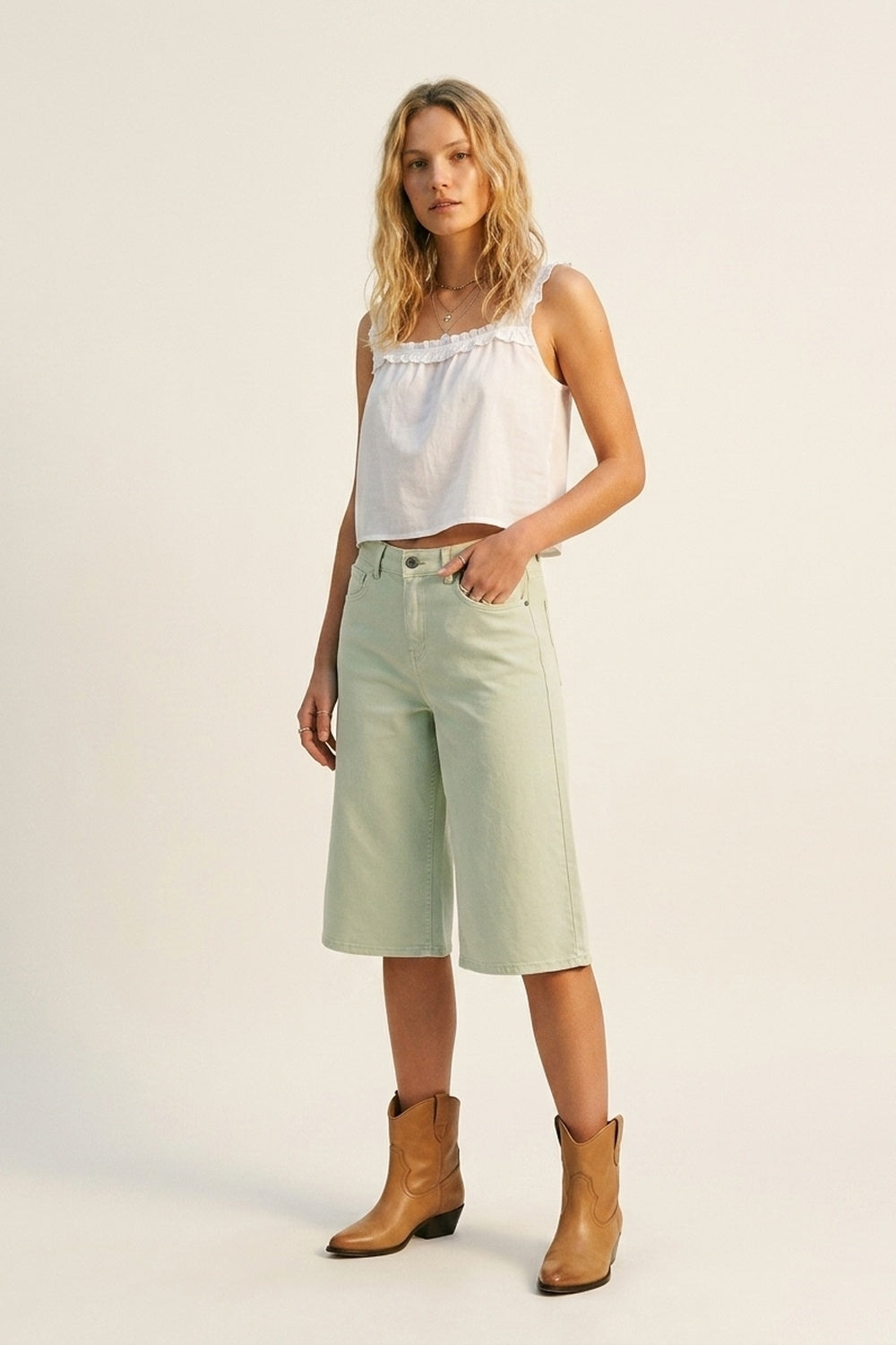 Short en jean extensible Bermuda en vert menthe
