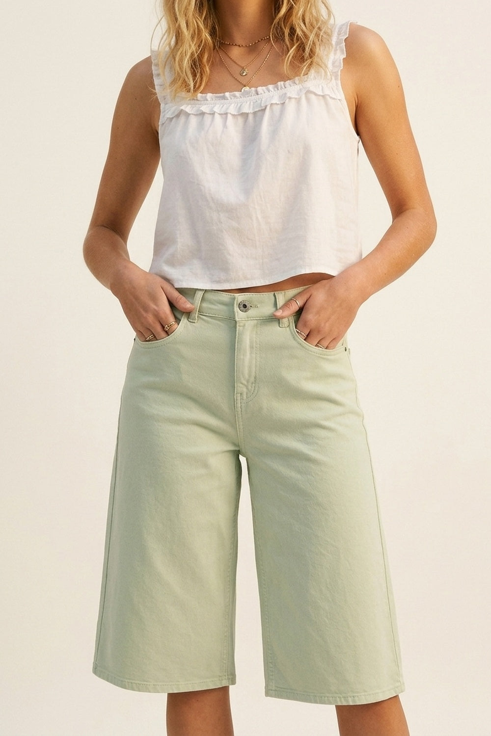 Short en jean extensible Bermuda en vert menthe