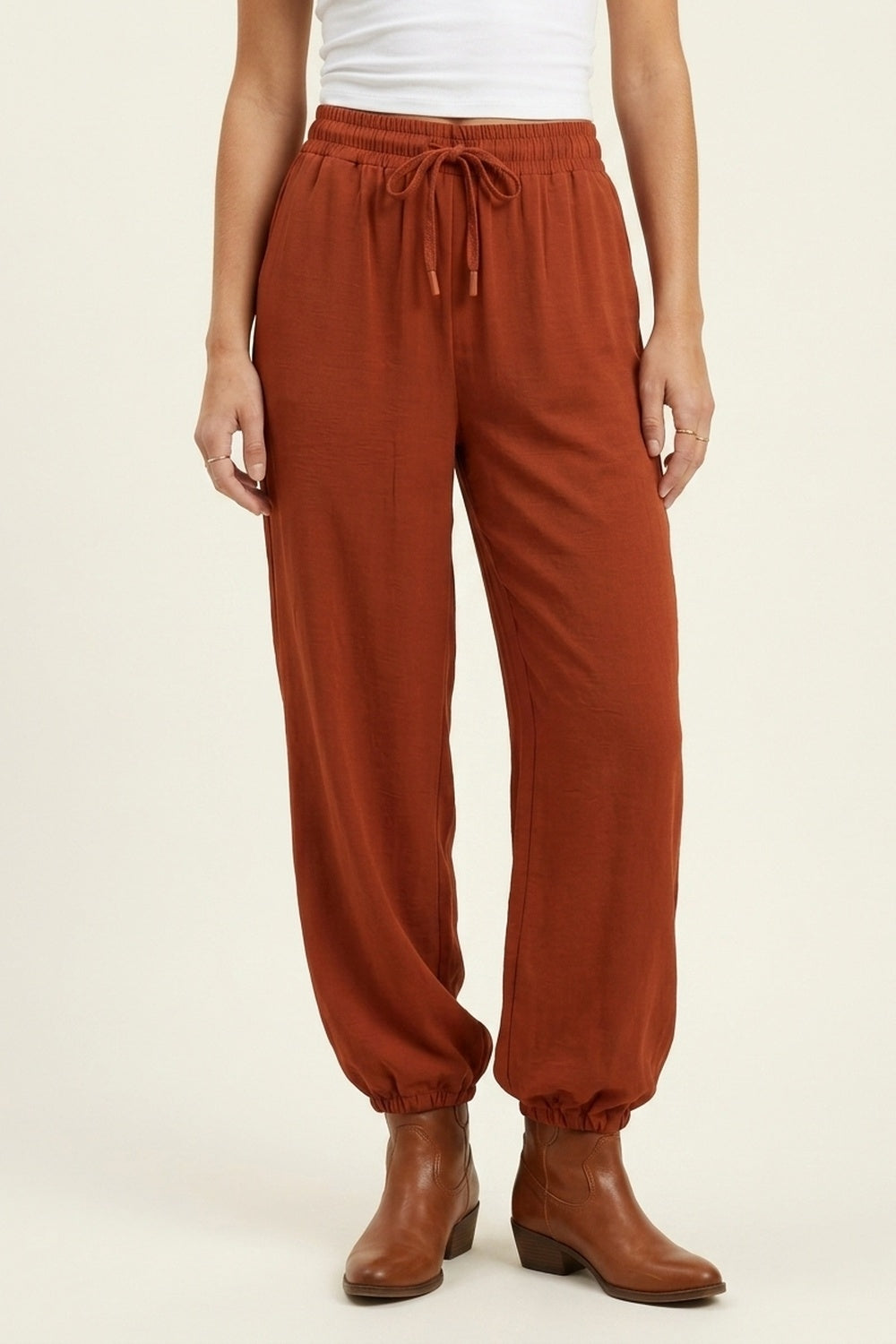 pantalon décontracté à taille coulissante avec jambes larges en terre cuite