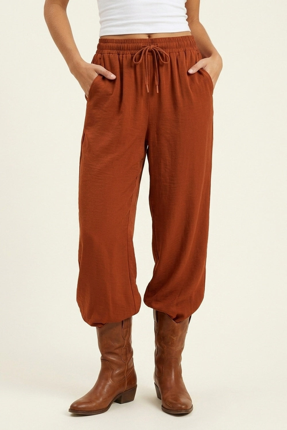 pantalon décontracté à taille coulissante avec jambes larges en terre cuite