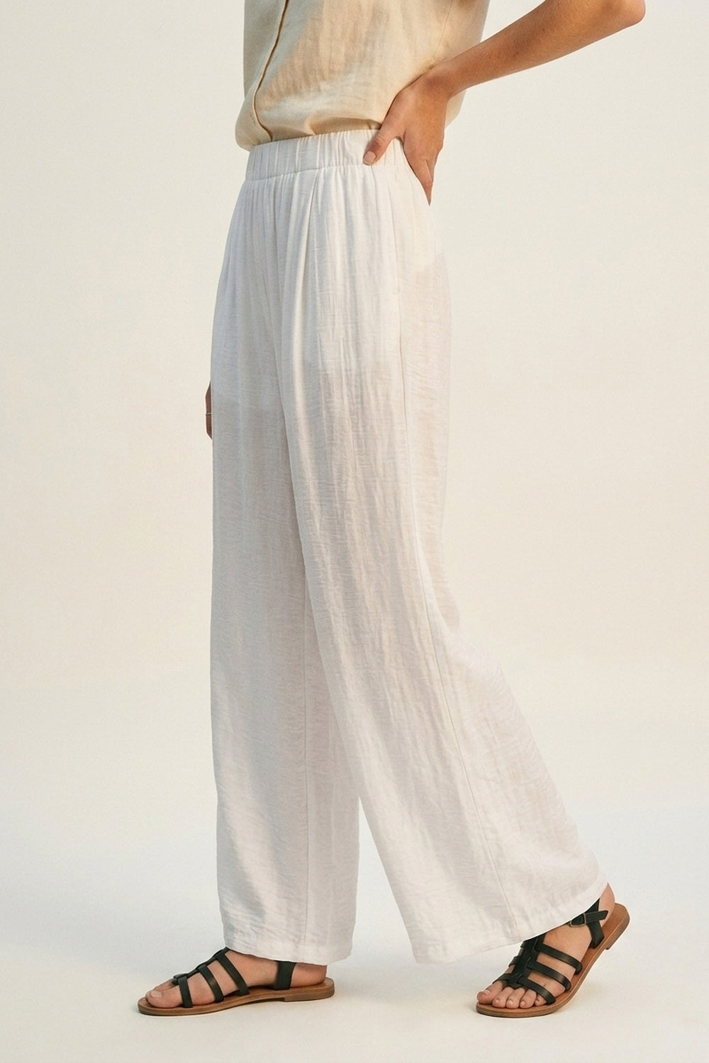 Pantalon large blanc léger tissé à taille élastique