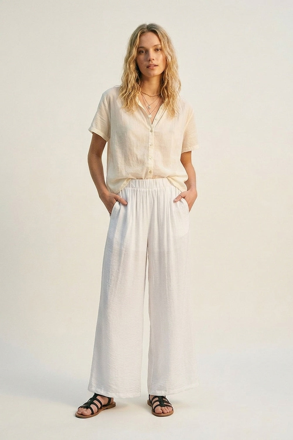 Pantalon large blanc léger tissé à taille élastique