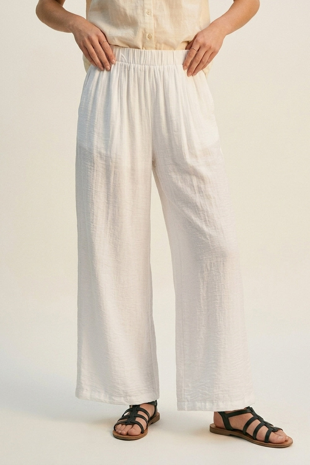 Pantalon large blanc léger tissé à taille élastique