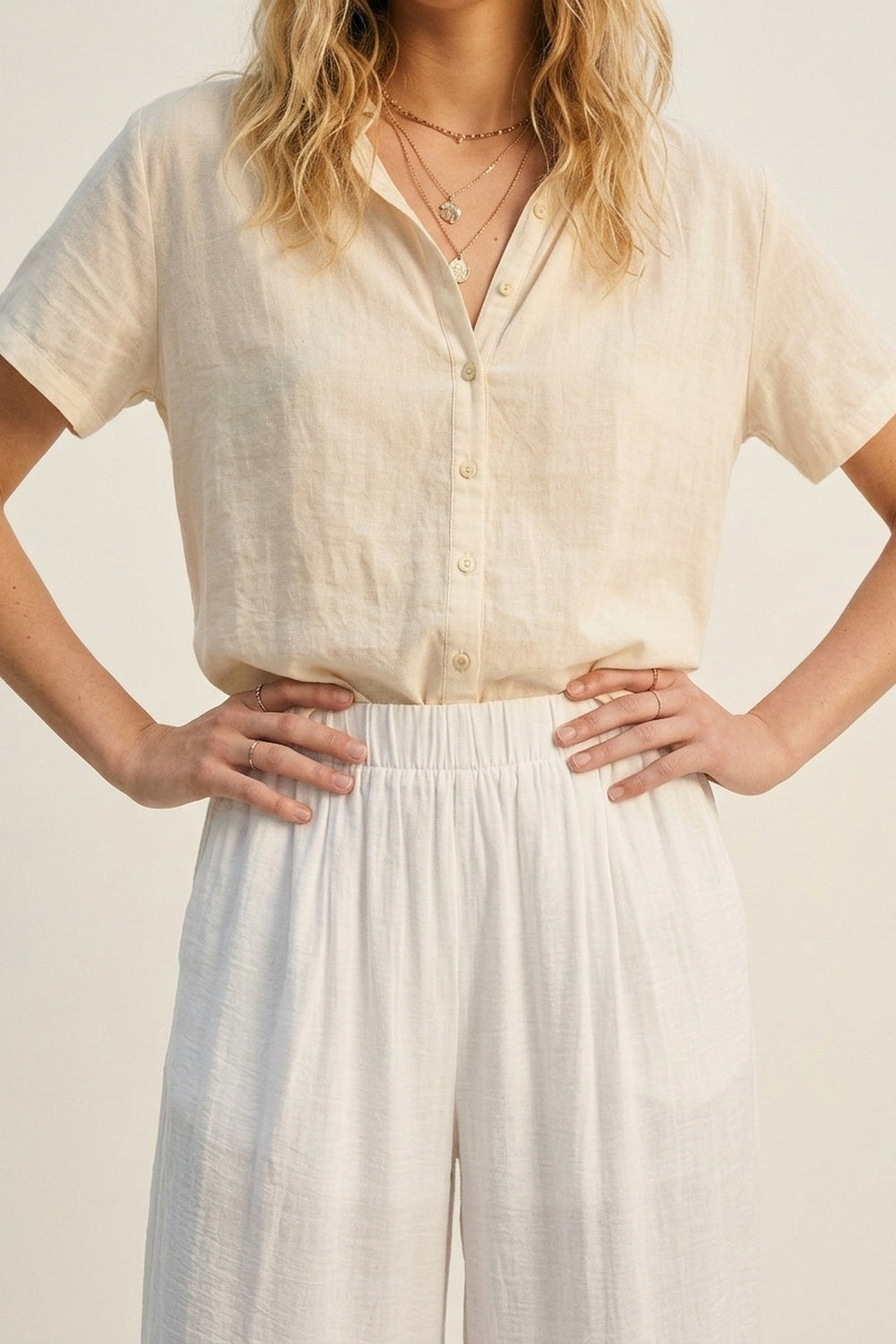Pantalon large blanc léger tissé à taille élastique