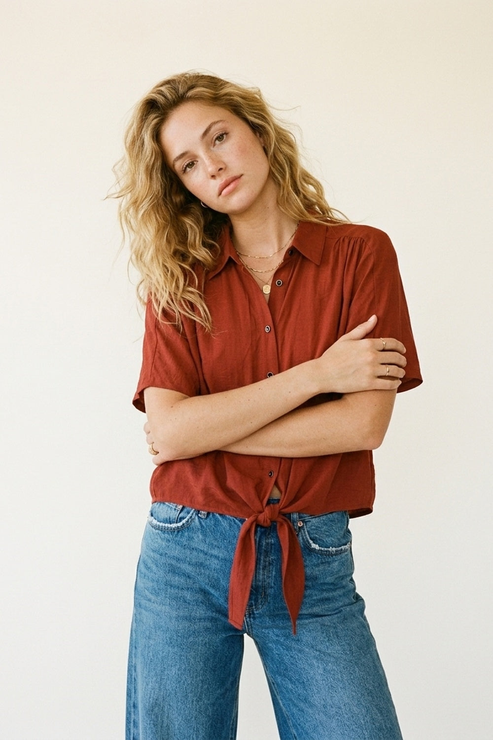 Chemise à manches courtes boutonnée avec ourlet noué sur le devant en terre cuite