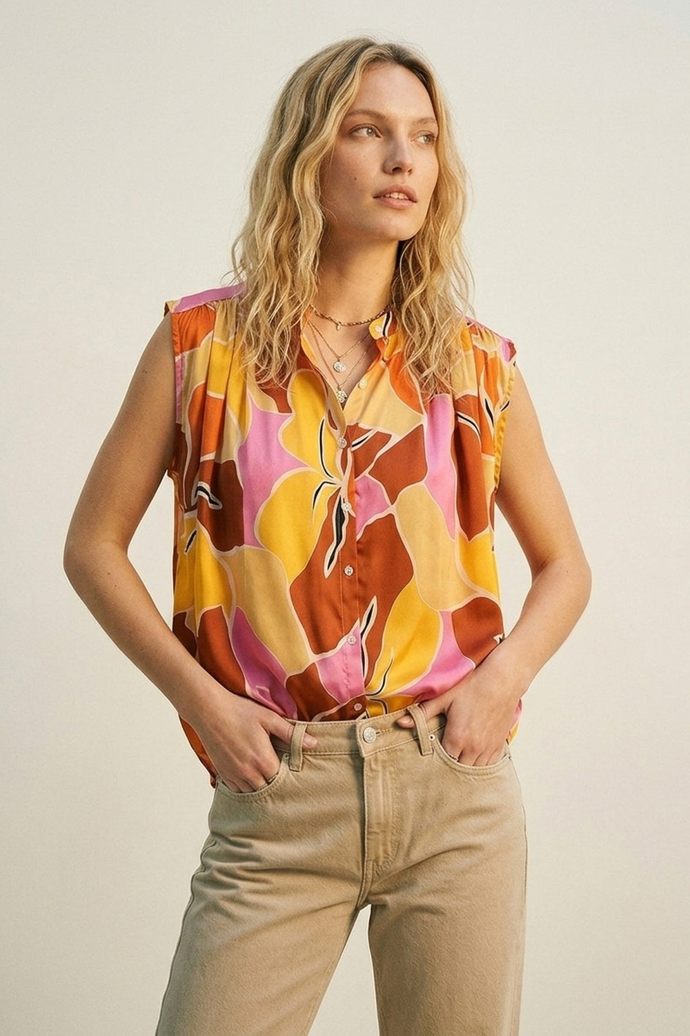 Blouse sans manches à imprimé tropical à boutons en orange tons chauds