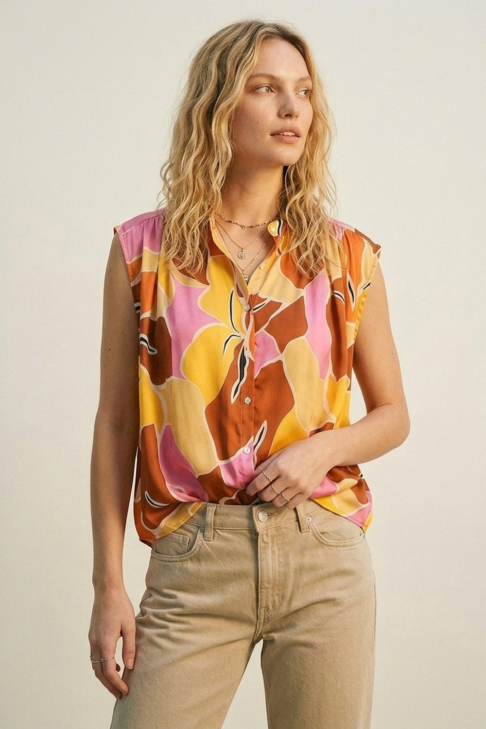 Blouse sans manches à imprimé tropical à boutons en orange tons chauds