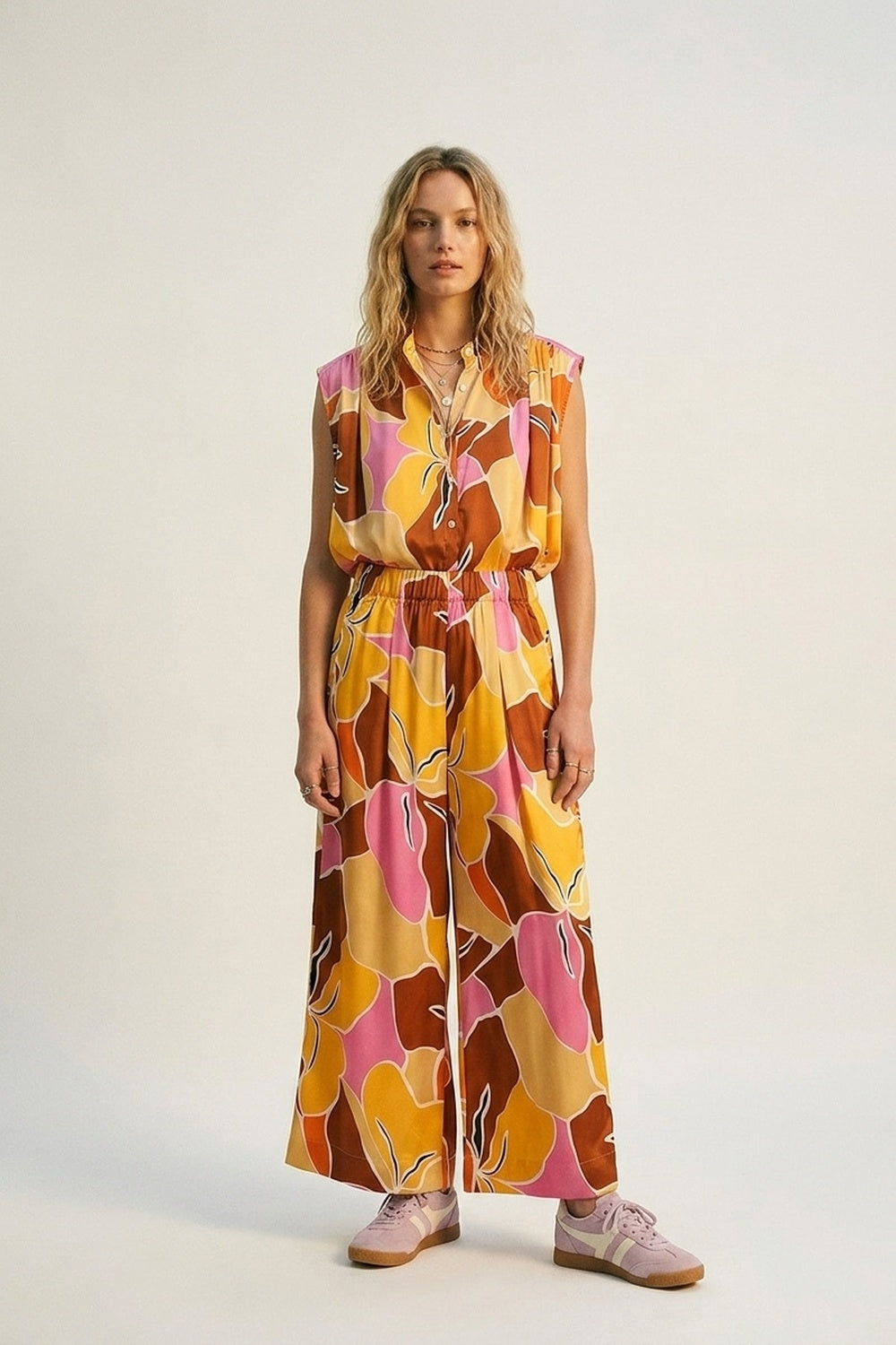 Blouse sans manches à imprimé tropical à boutons en orange tons chauds