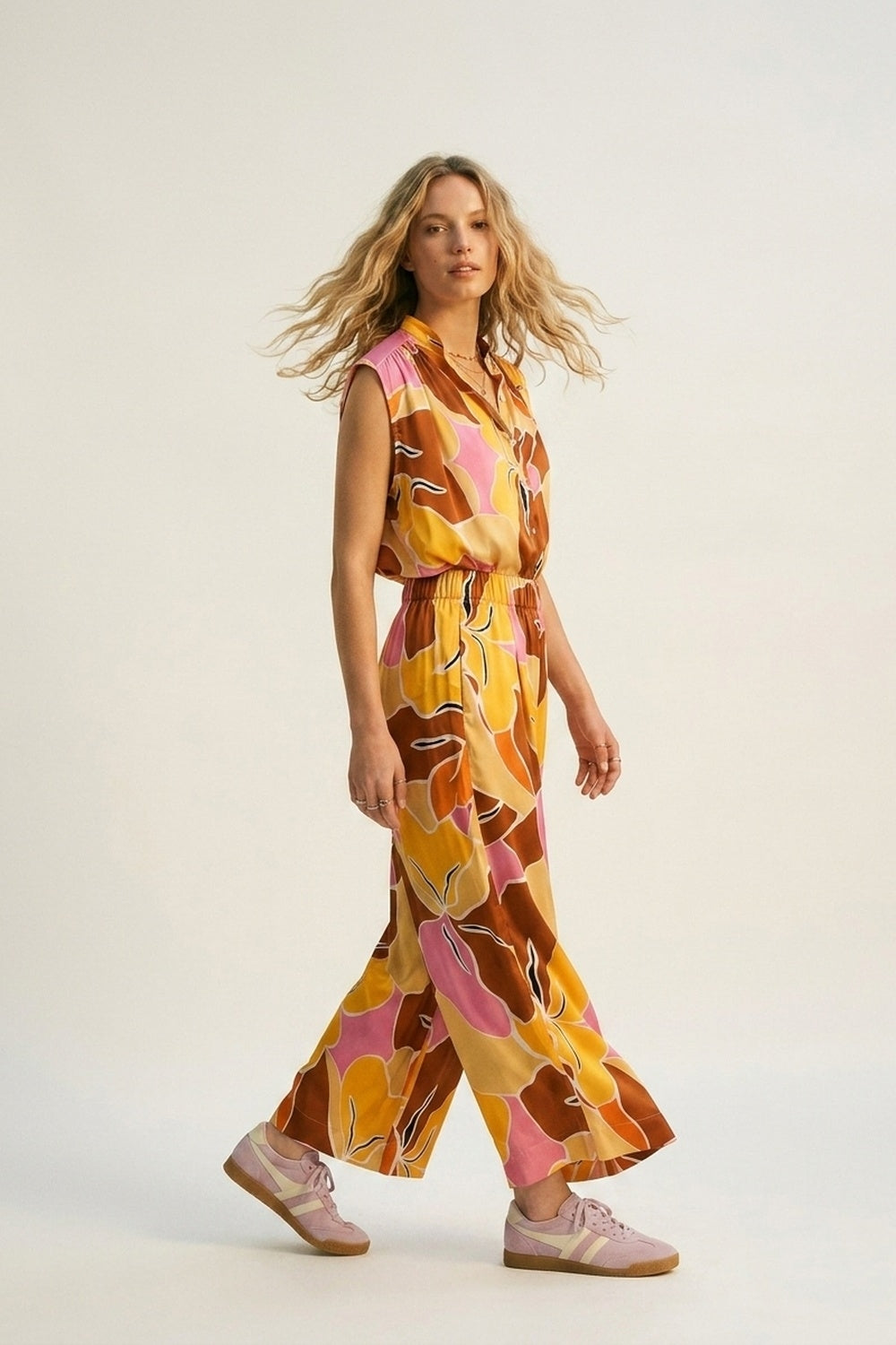 Blouse sans manches à imprimé tropical à boutons en orange tons chauds