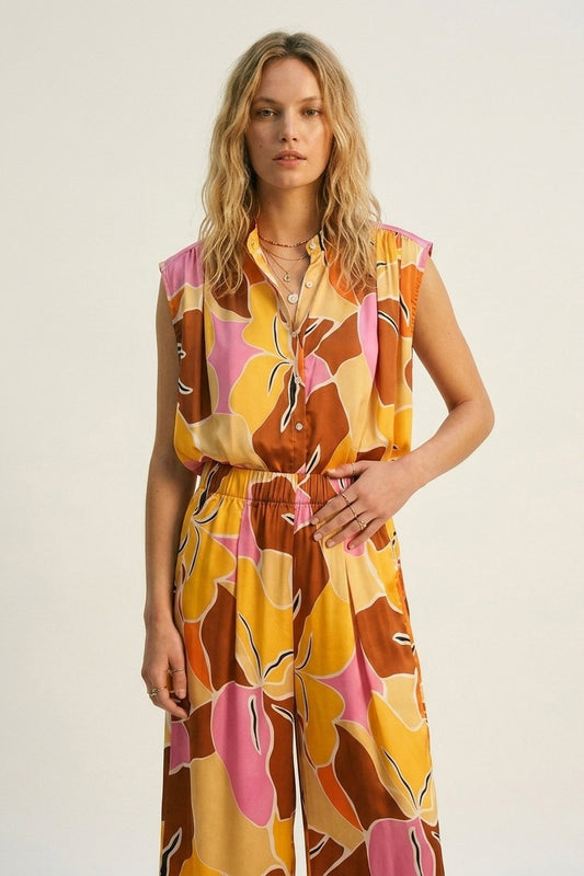Blouse sans manches à imprimé tropical à boutons en orange tons chauds