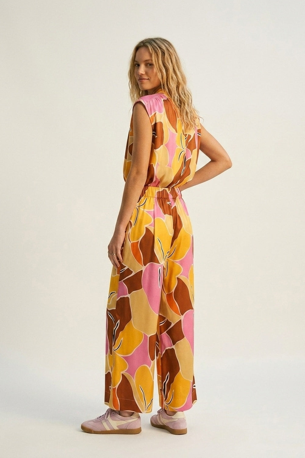 Blouse sans manches à imprimé tropical à boutons en orange tons chauds
