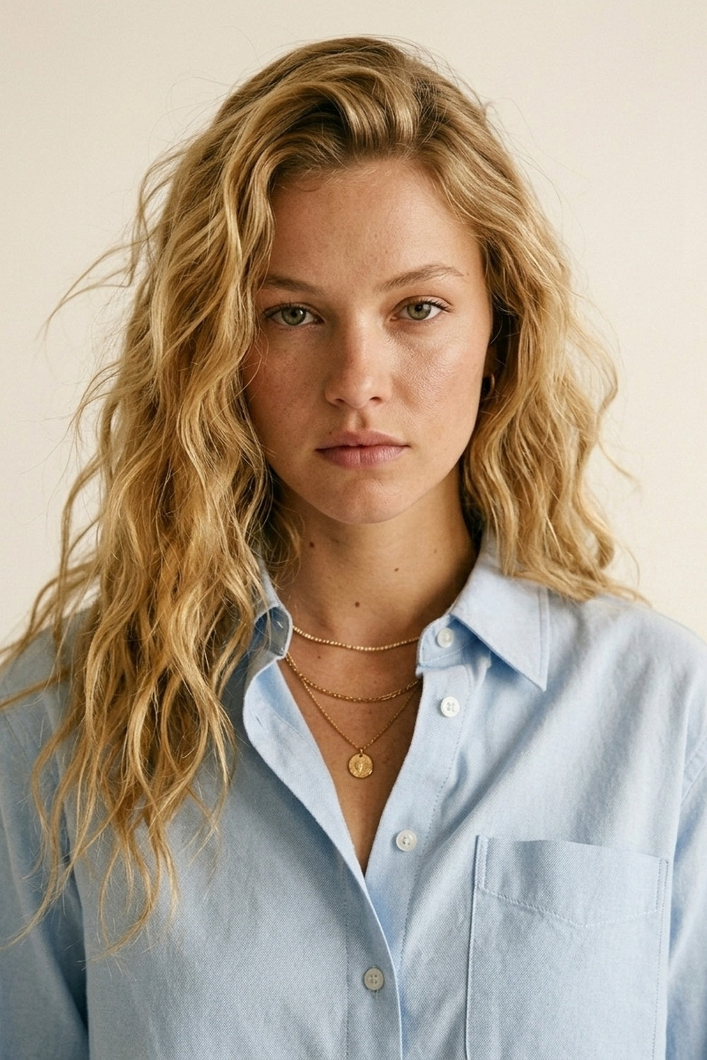 Chemise courte à boutons-pression bleu clair en tissu de coton