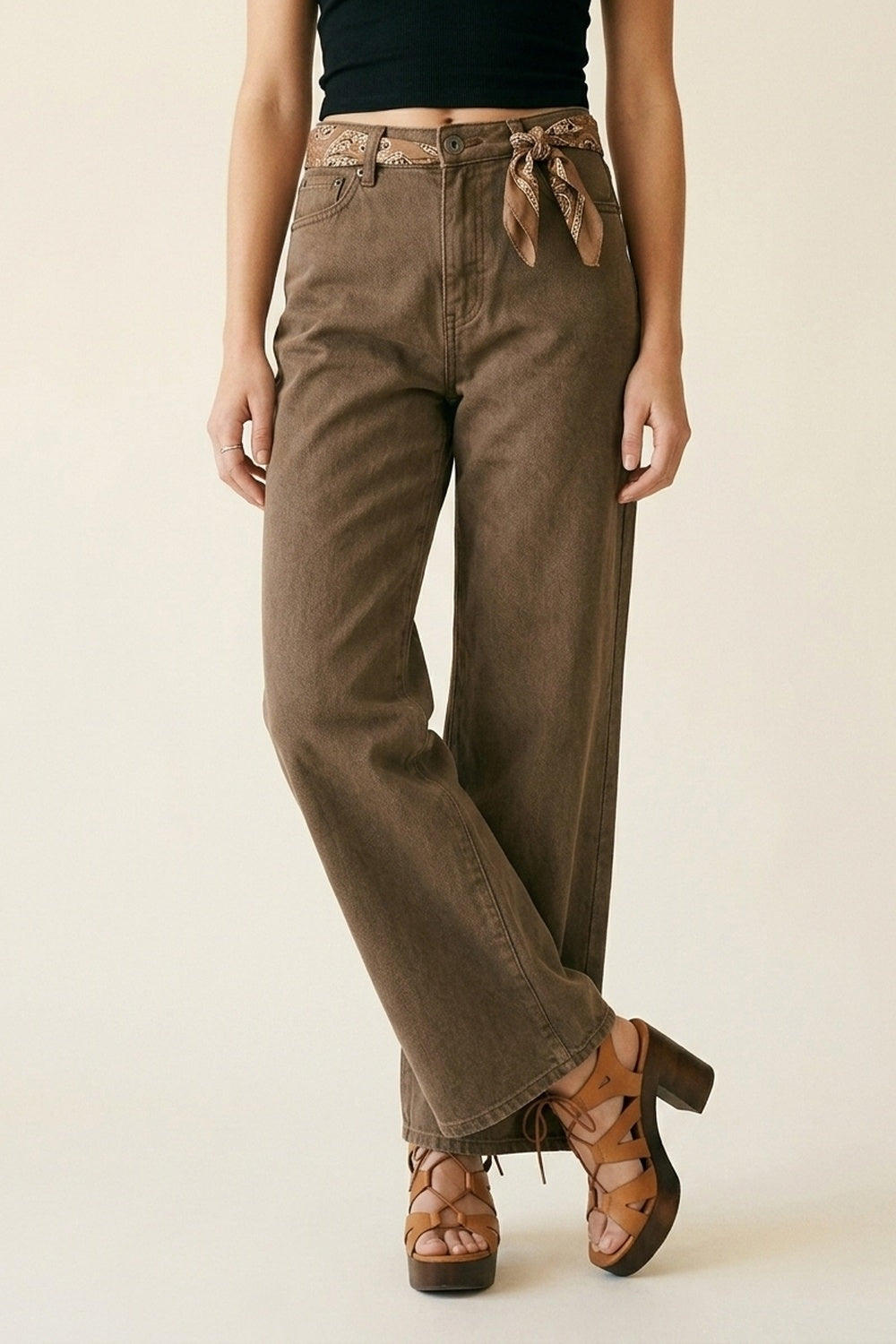 Pantalon en denim marron large en coton décontracté