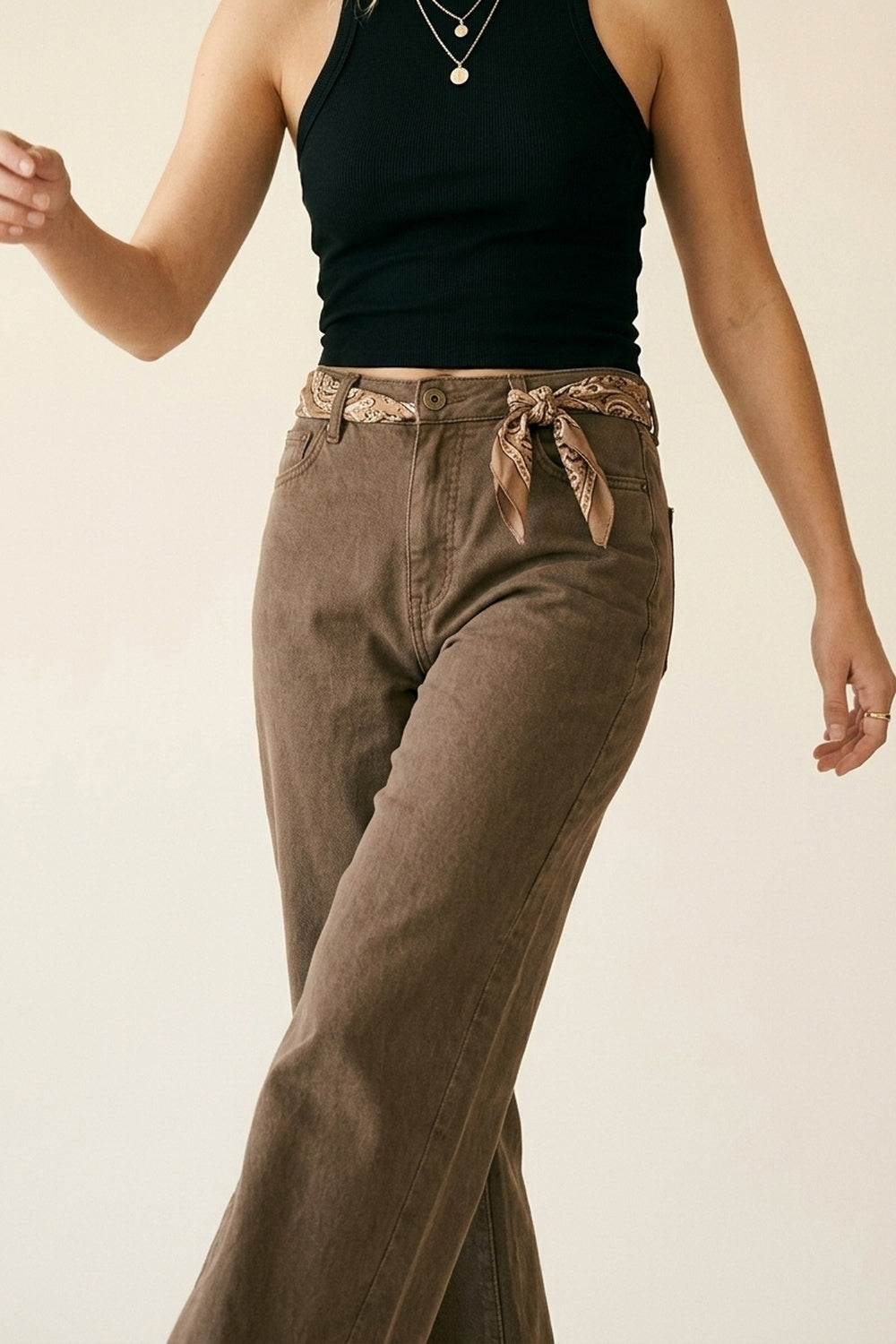 Pantalon en denim marron large en coton décontracté