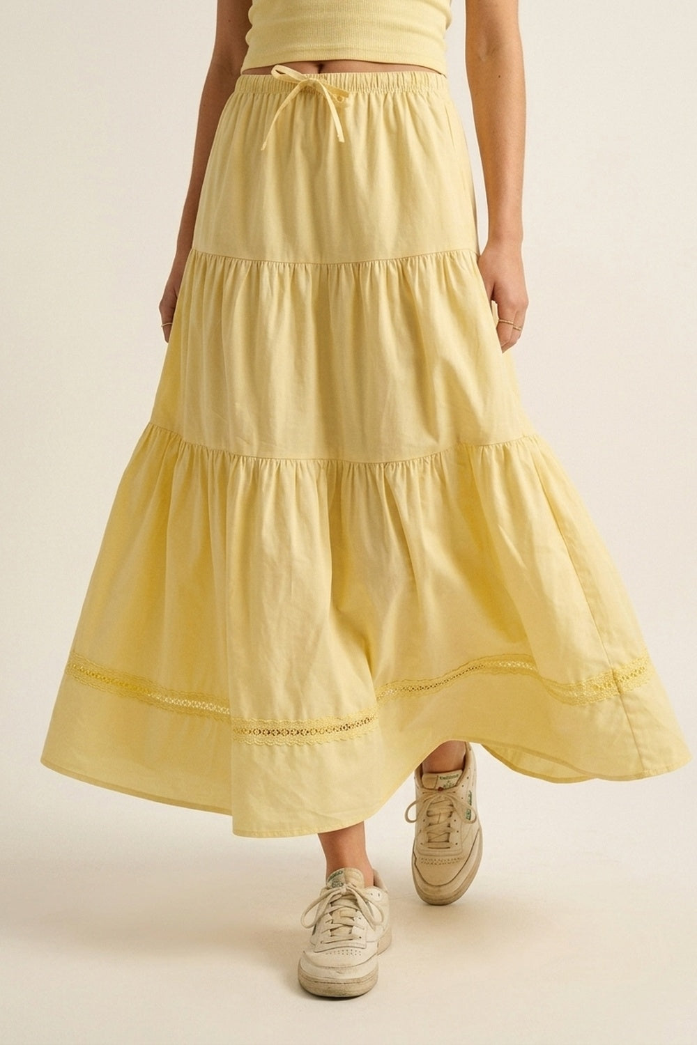 Jupe Maxi en Popeline Jaune avec Détail de Dentelle