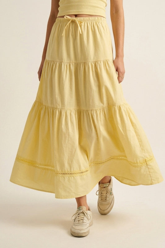 Jupe Maxi en Popeline Jaune avec Détail de Dentelle