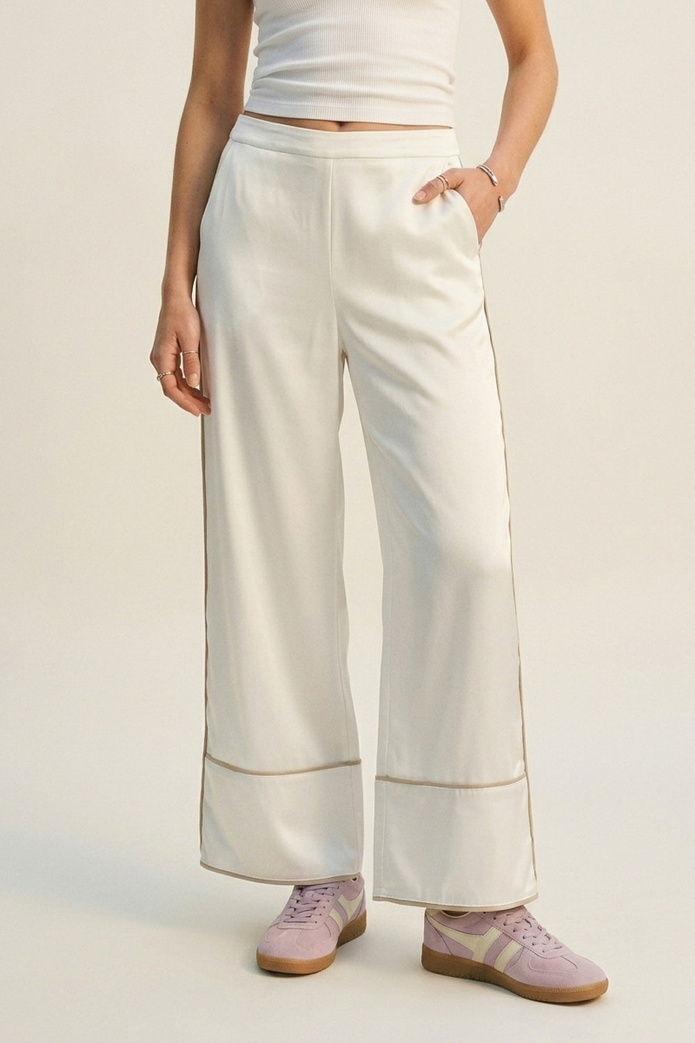 Pantalon kimono à jambes larges en satin ivoire