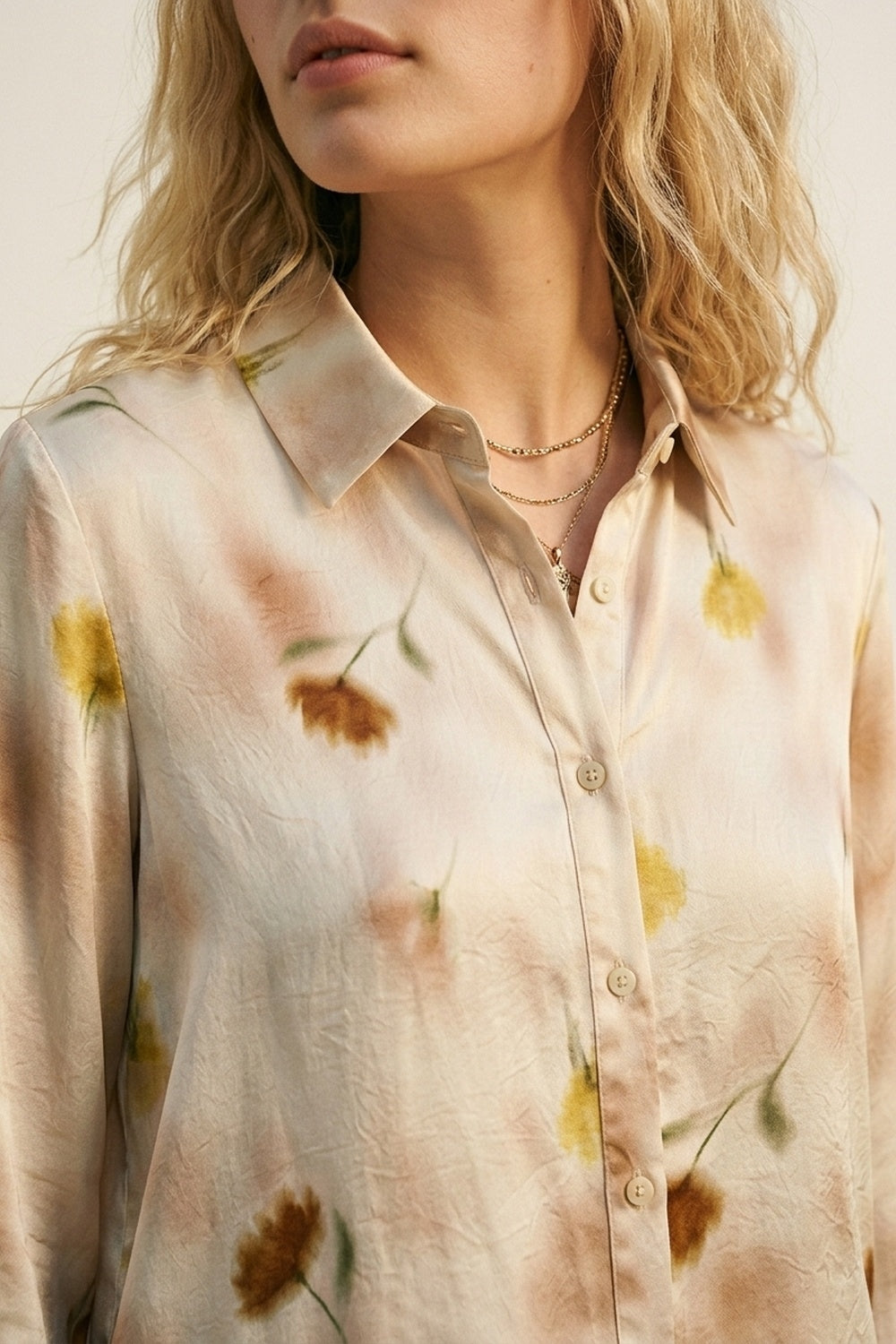 Chemise en satin beige à fleurs avec boutons