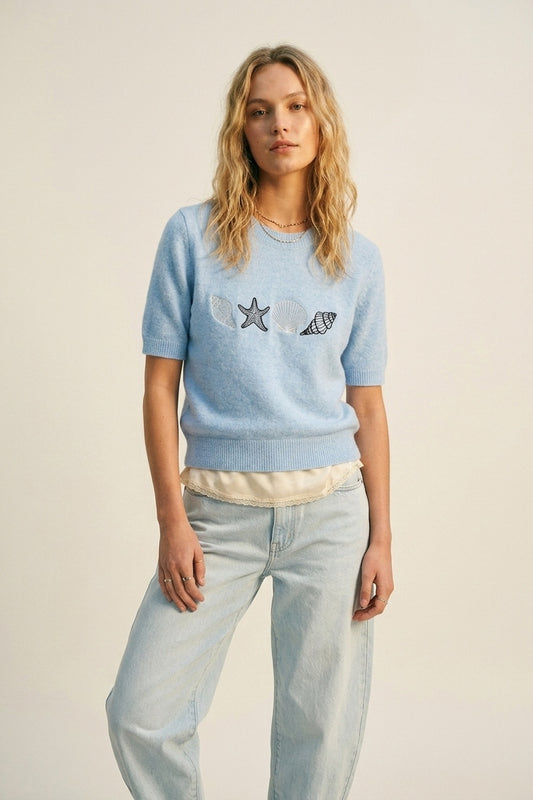 Pull en tricot à manches courtes Seashell bleu clair