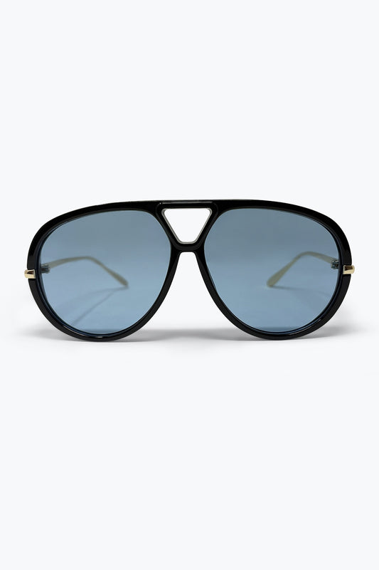 Lunettes de Soleil à Monture Aviateur Surdimensionnée Noire avec Verres à Dégradé Bleu