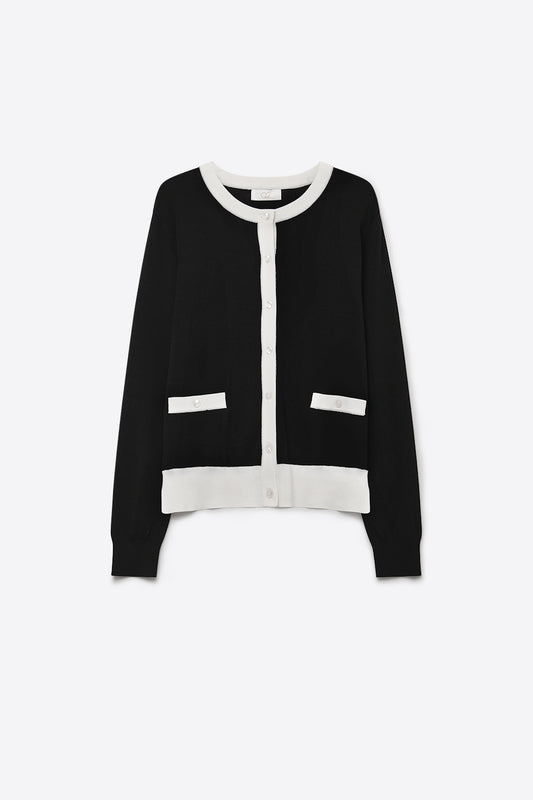Cardigan à coupe régulière en maille fine avec bordure contrastée couleur noire