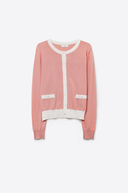 Cardigan en maille fine avec bordure contrastante couleur vieux rose