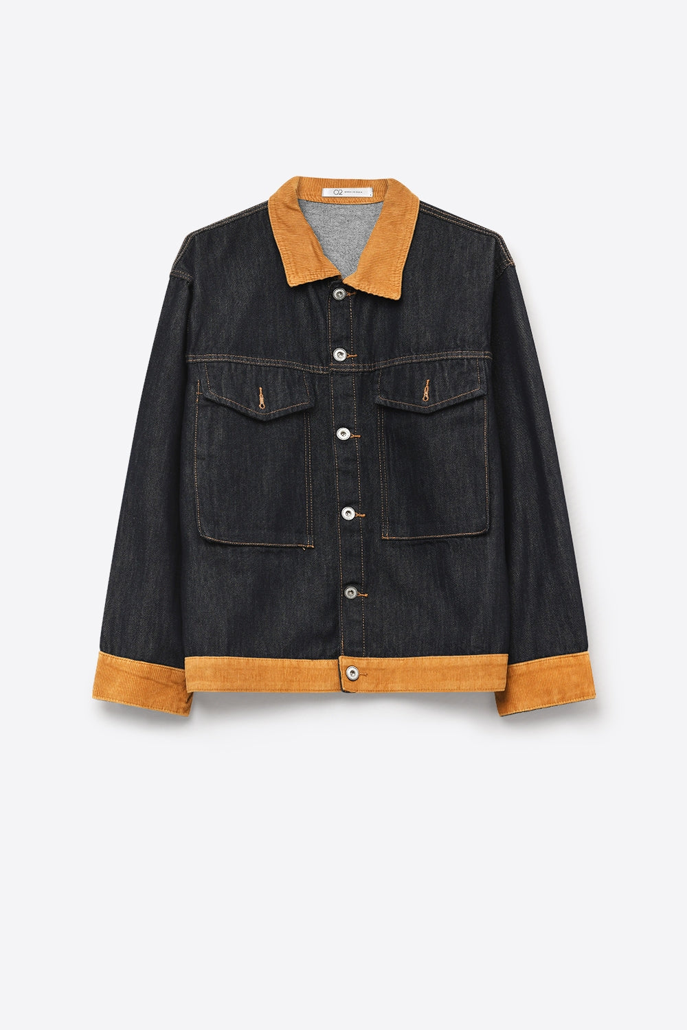 Veste en denim bleu à col en velours côtelé rigide avec boutons sur le devant et coupe décontractée