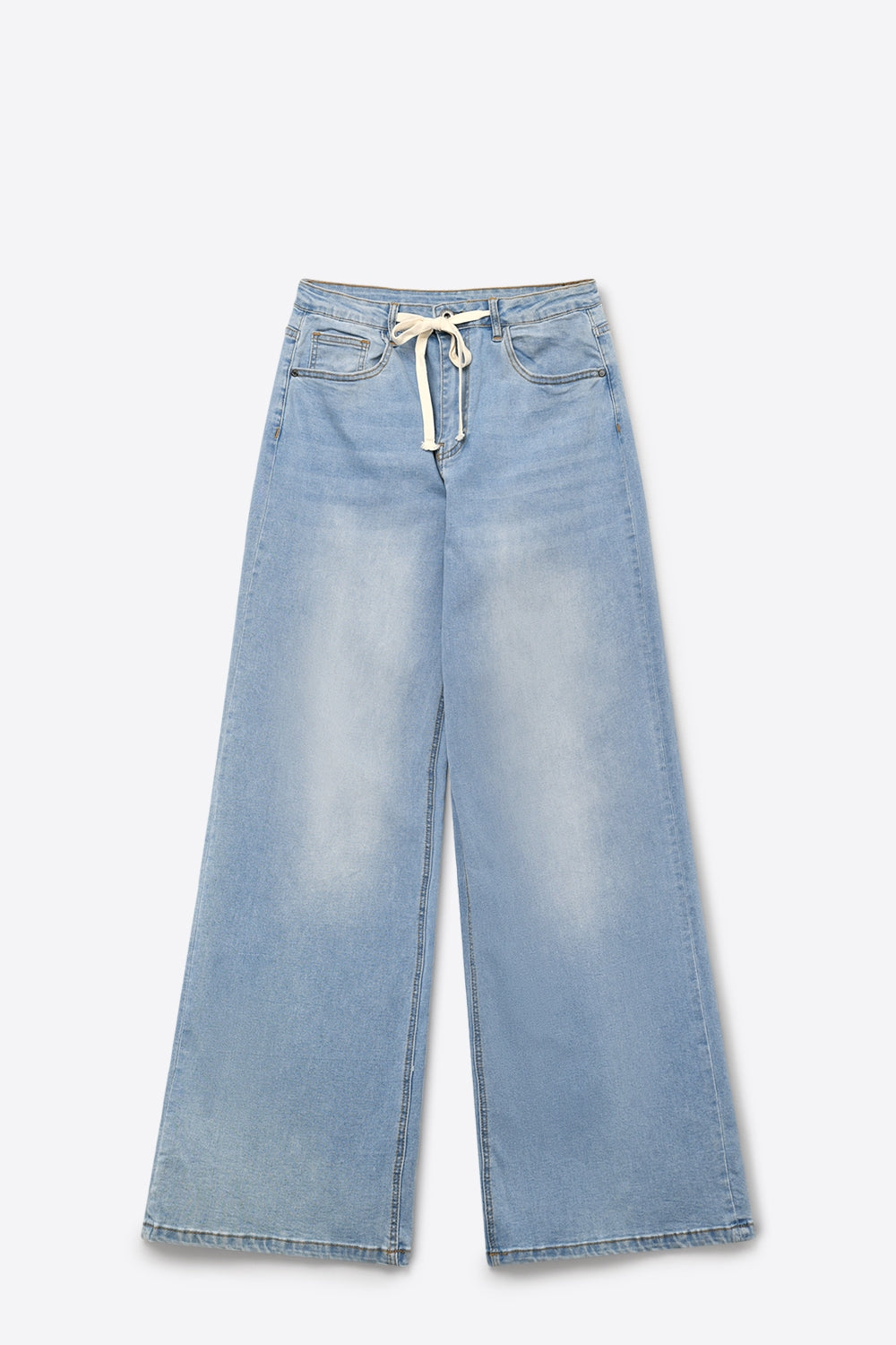Jean à jambe large délavé avec taille ajustable à cordon de serrage