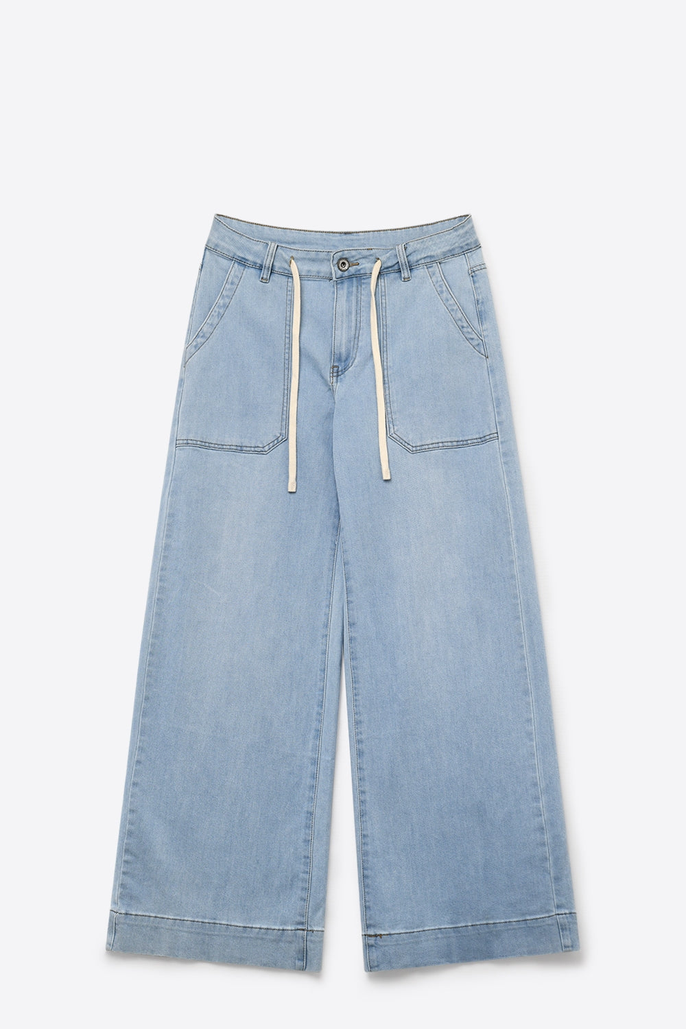 Pantalon en denim bleu clair à jambes larges avec taille à cordon