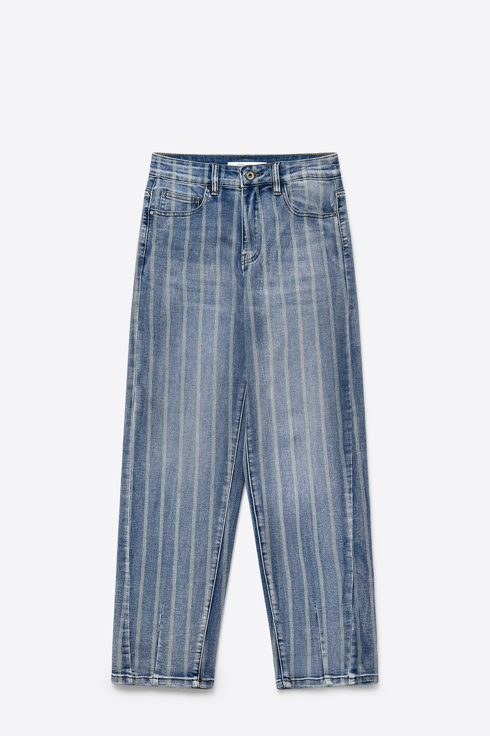 Jeans mom en denim extensible à rayures en coupe droite de couleur medium wash