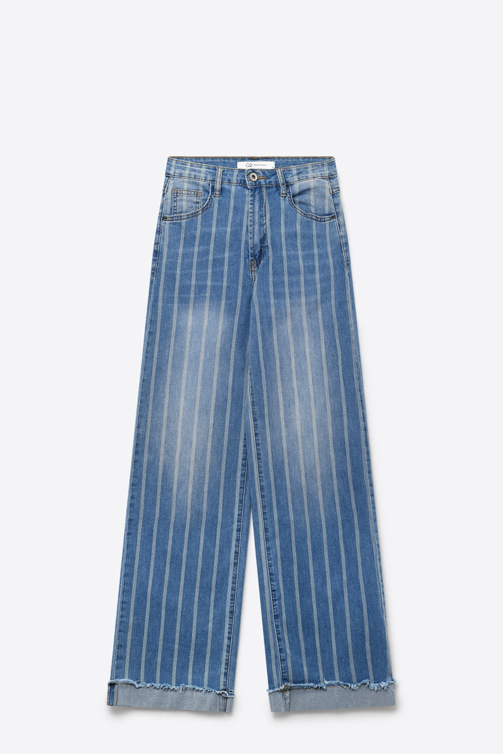 Jean bleu délavé moyen avec design à rayures et jambes larges effilochées