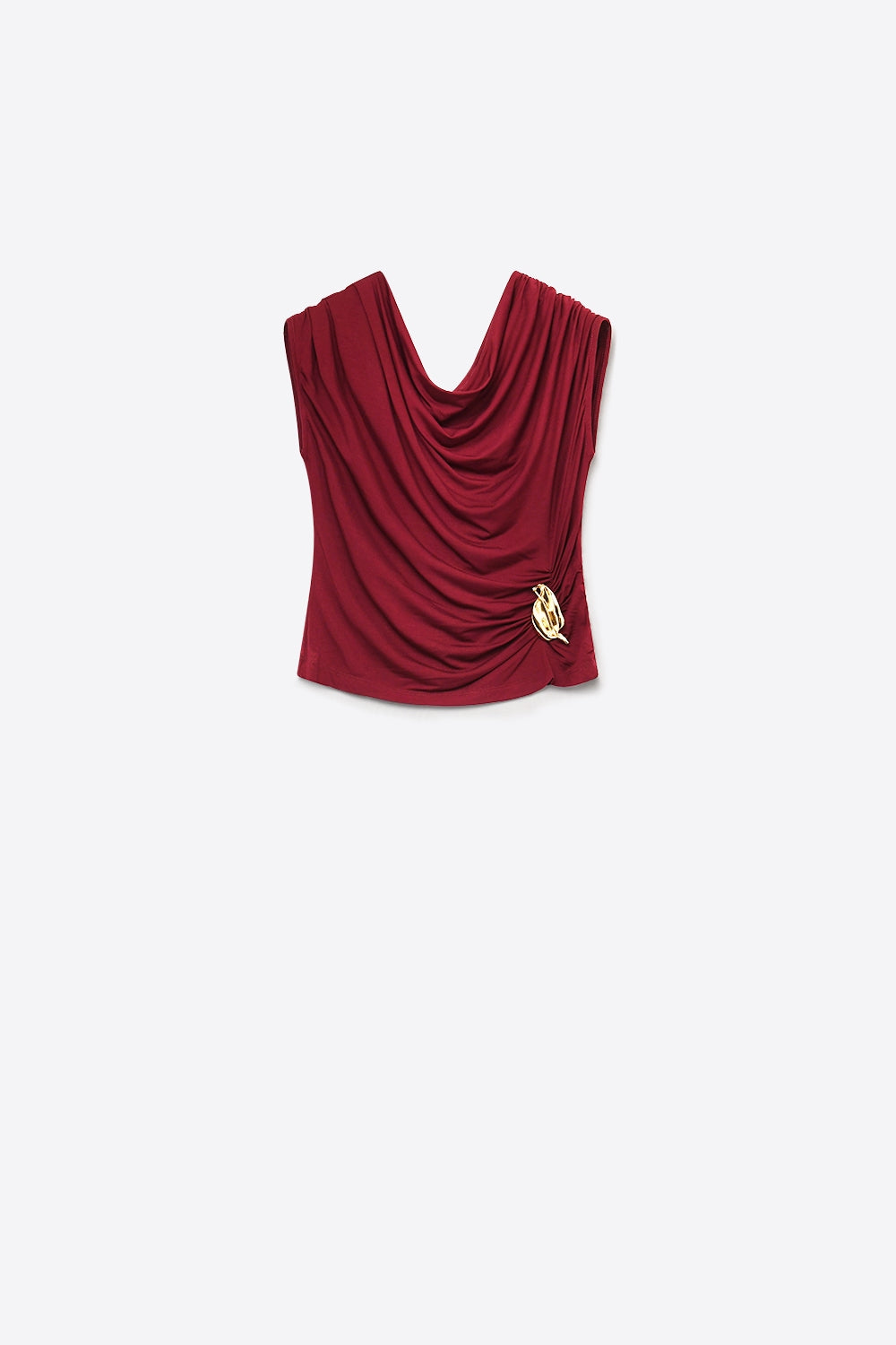 Top léger en viscose bordeaux avec accent doré et sans manches drapé