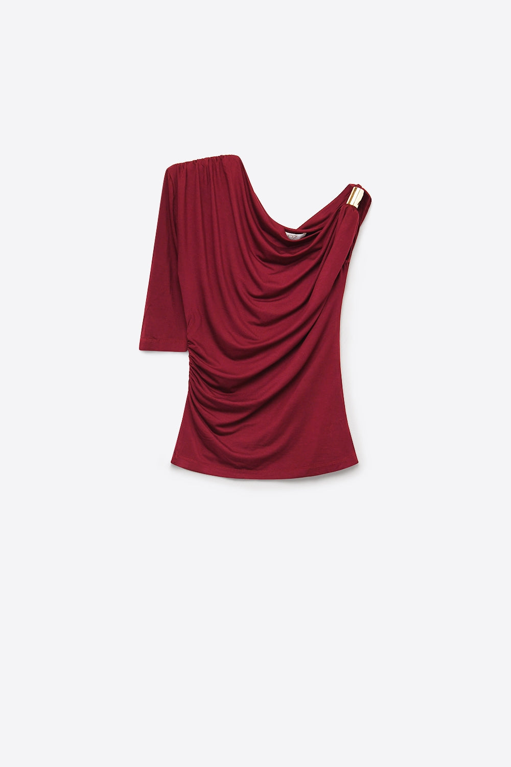 Haut Asymétrique Épaule Dénudée en Jersey Extensible Bourgogne avec Accent Métallique