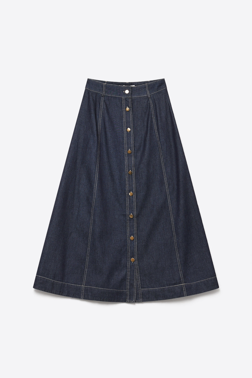 Jupe midi en denim bleu foncé avec surpiqûres contrastées et boutons devant en ligne A