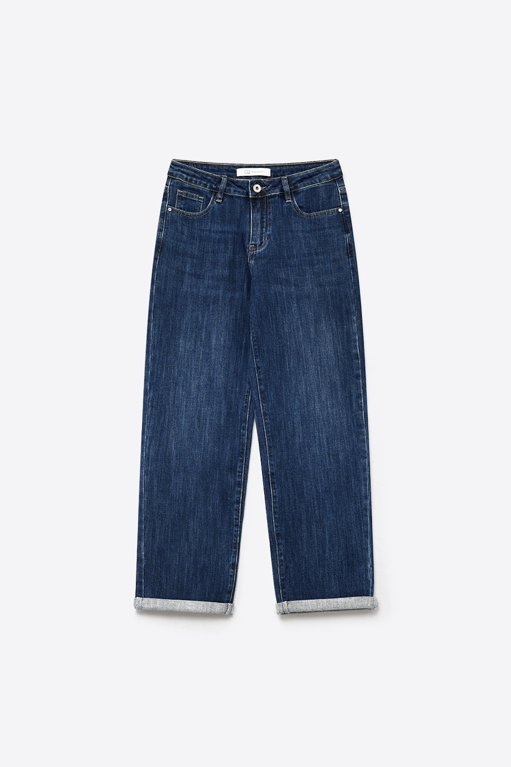 Jean mom bleu foncé avec jambe large et longueur cheville