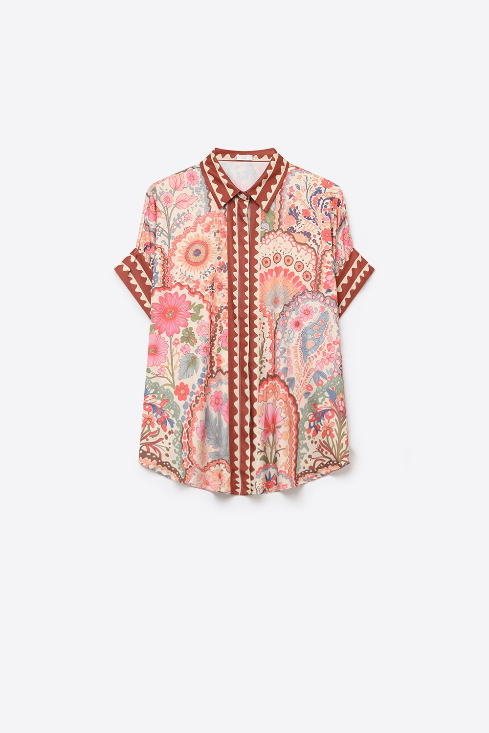 Chemise à imprimé floral multicolore en tissu léger avec garniture contrastée