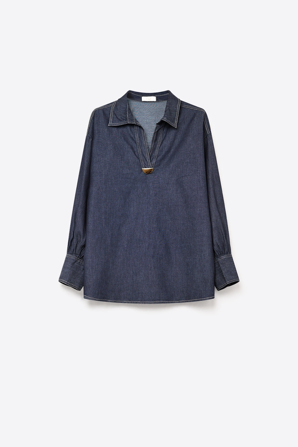 Chemise à col en V avec bordure dorée en tissu denim léger