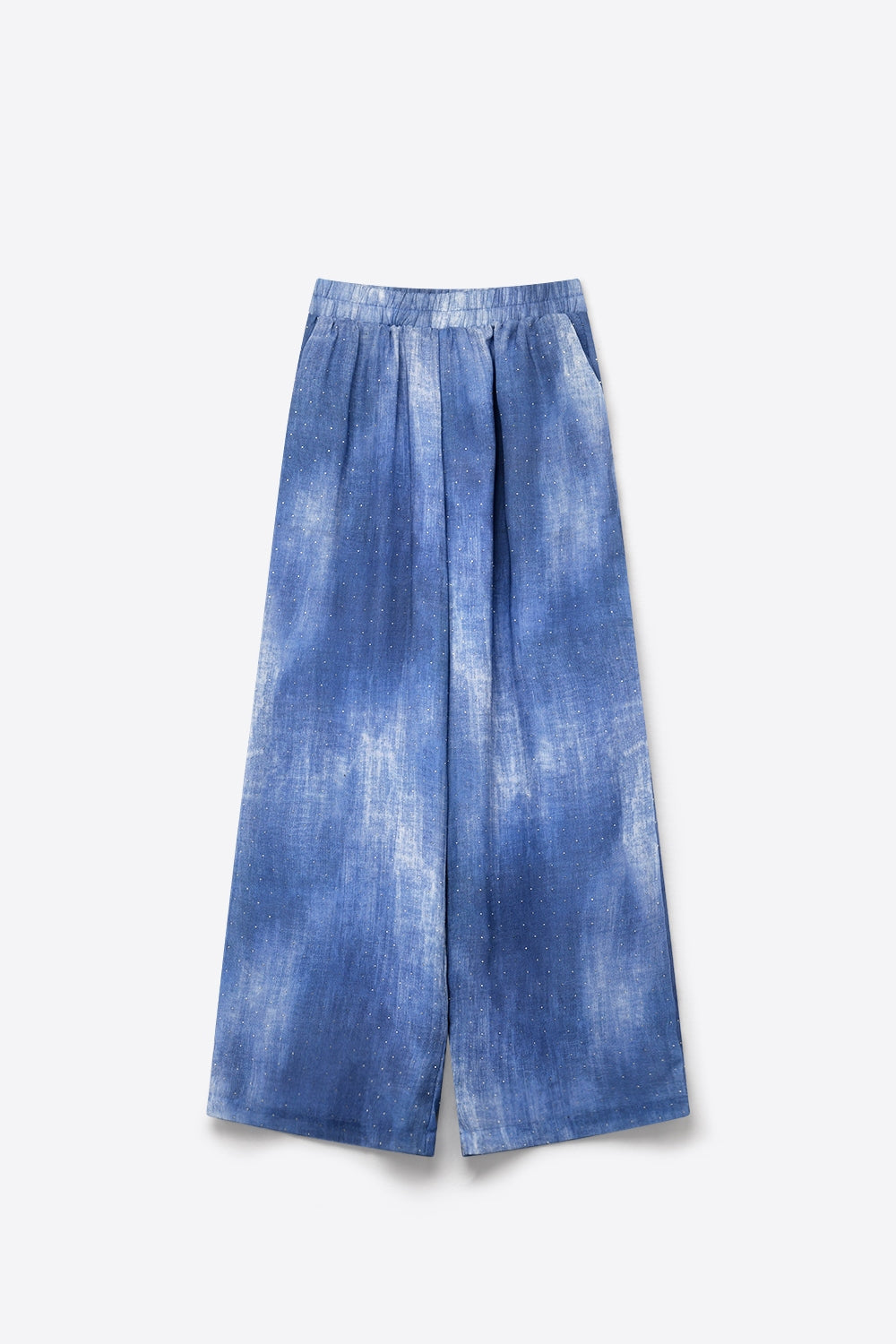 Pantalon à taille élastique en chiffon bleu tie-dye avec strass embellis